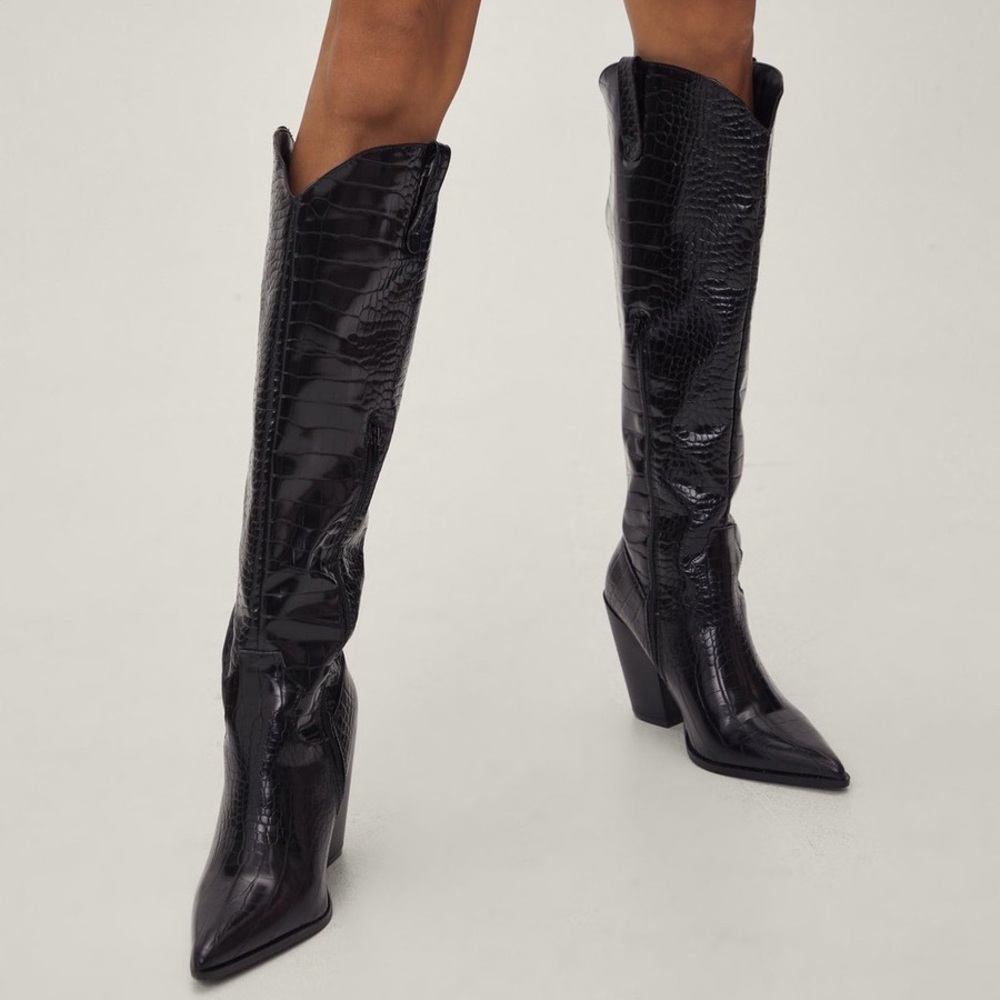 Wide Fit Faux Leather Croc Knee High Western Boots